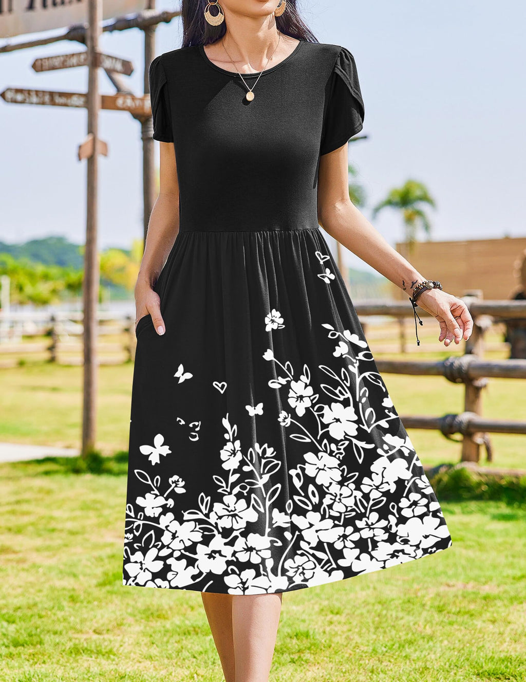 Zeagoo Tropical Dresses for Women Spring Dress Floral Print Midi Sundress Swing Tshirt Dress Pleated Dress Casual Ethnic Dress Boho Vocation Dress,l