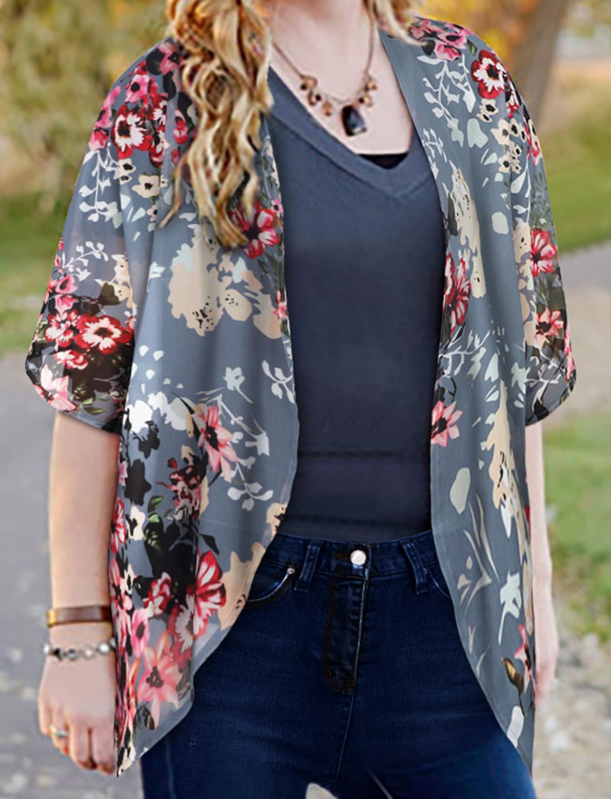 Women's Floral Print Puff Sleeve Kimono Cardigan Loose Cover Up Casual Blouse Tops(Dark Grey,L)
