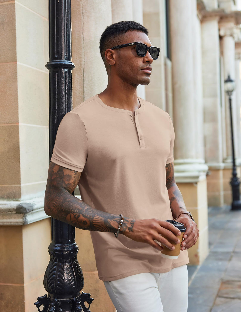 COOFANDY Men's Henley Shirts Short Sleeve Casual Summer Basic Tee Solid Button T-Shirts Light Khaki