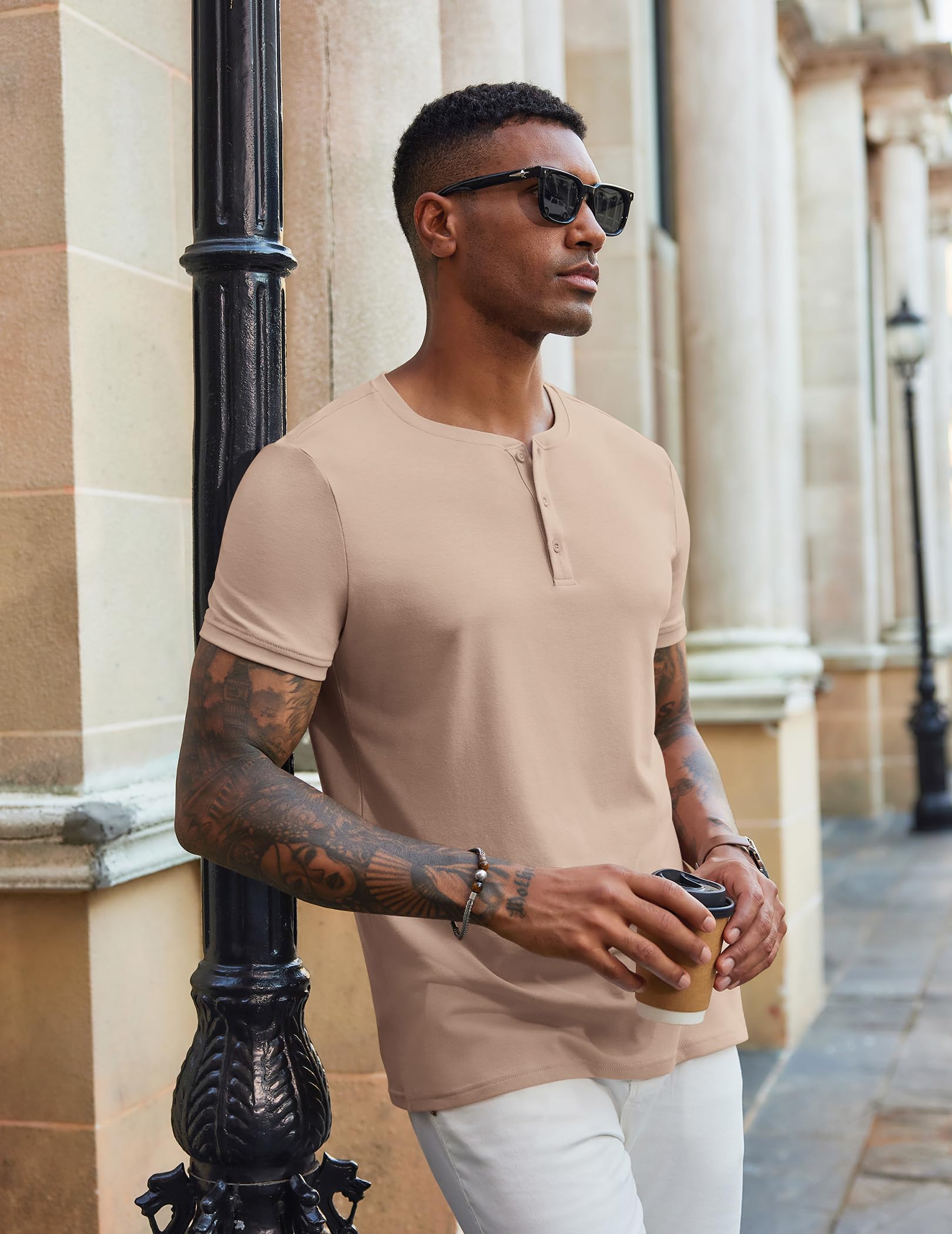 COOFANDY Men's Henley Shirts Short Sleeve Casual Summer Basic Tee Solid Button T-Shirts Light Khaki