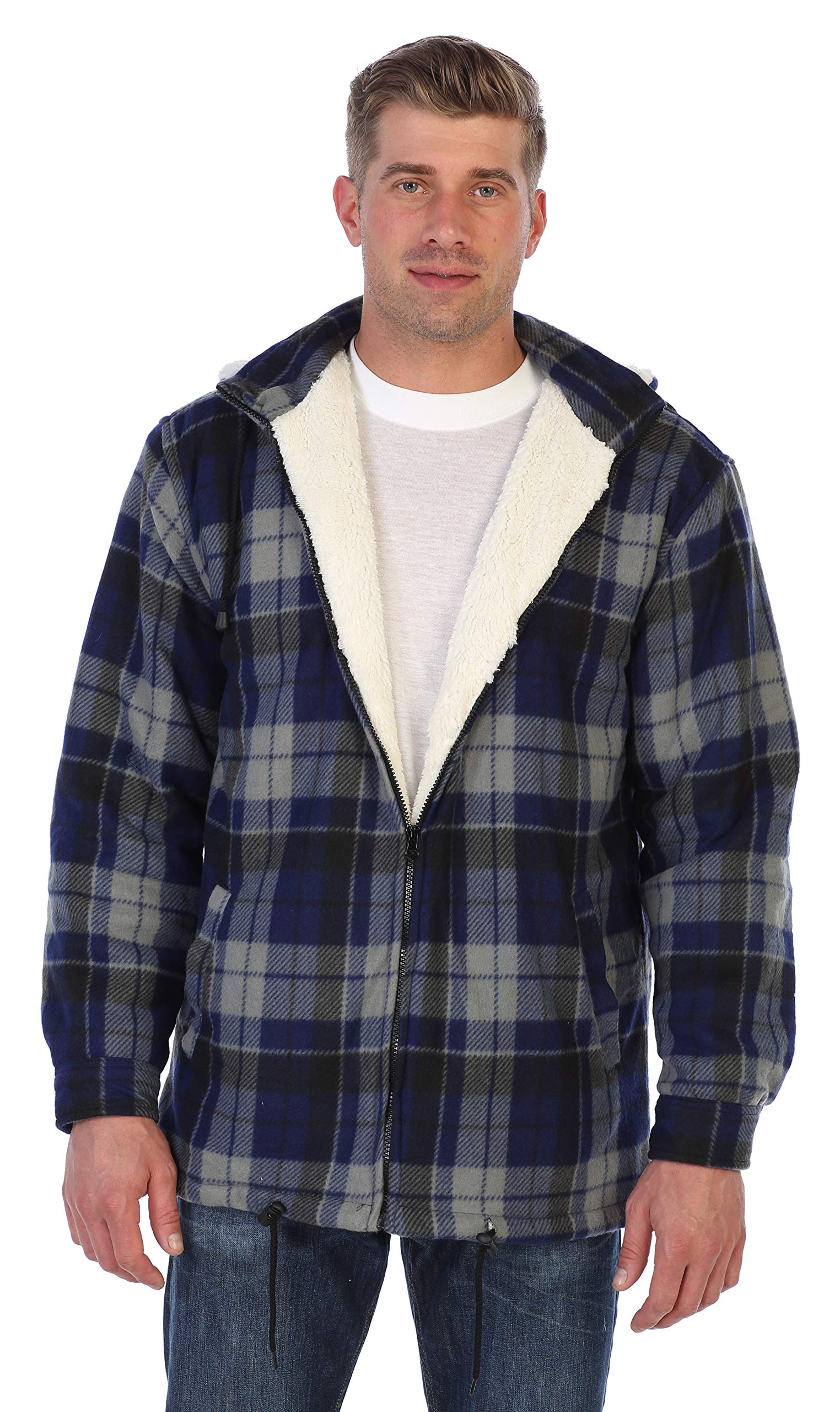 Gioberti Mens Sherpa Lined Flannel Jacket with Removable Hood, Navy/Gray, L