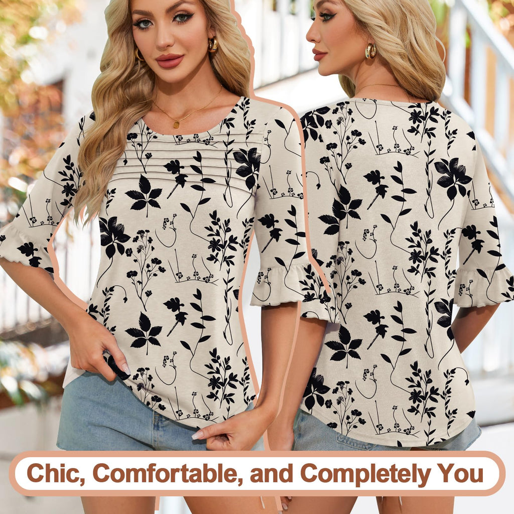 Blingfit Womens 3/4 Sleeve Floral Blouses Shirts for Women Trendy Ruffle Dress Shirts Lightweight Tunics Business Casual Work Tops Large