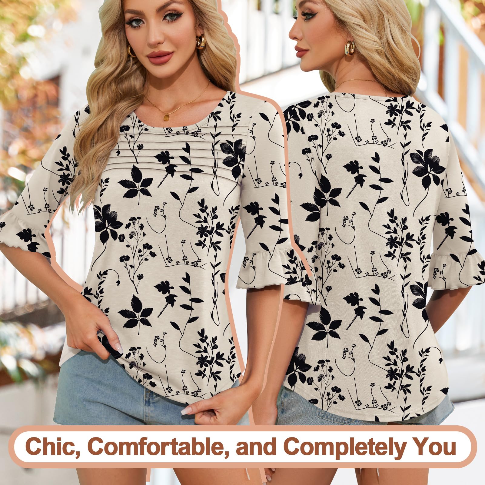 Blingfit Womens 3/4 Sleeve Floral Blouses Shirts for Women Trendy Ruffle Dress Shirts Lightweight Tunics Business Casual Work Tops Large