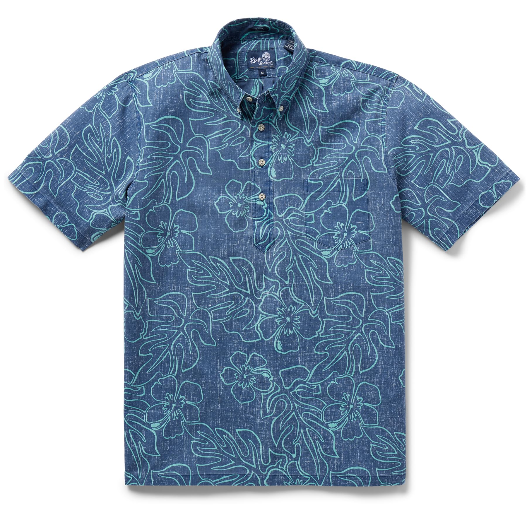 Reyn Spooner Men's Monstera Ink Pullover Tropical Leaves Hawaiian Aloha Shirt, Dress Blues, 3XL