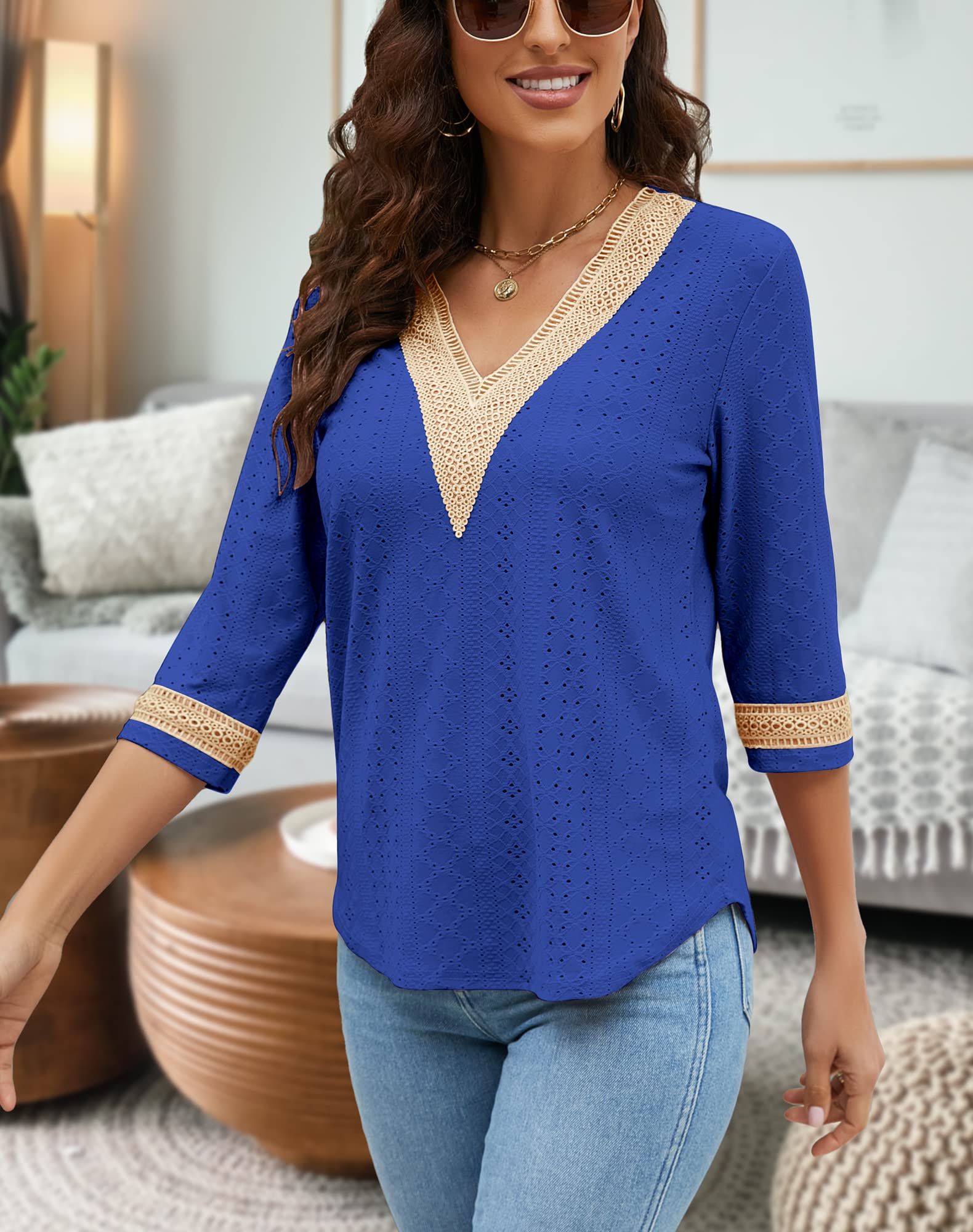 LIOFOER Women's Casual 3/4 Sleeve Shirts Lace V Neck Color Block Dressy Tops Trendy Hollow Floral Blouses T Shirts S-XXL Blue