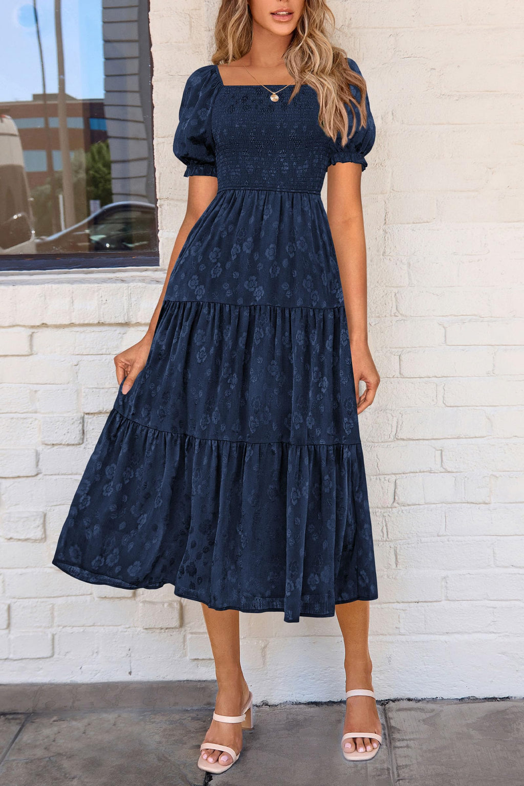 PRETTYGARDEN Women's 2025 Summer Casual Midi Dresses Square Neck Short Sleeve Smocked A Line Floral Flowy Elegant Boho Dress (Dark Blue,Medium)