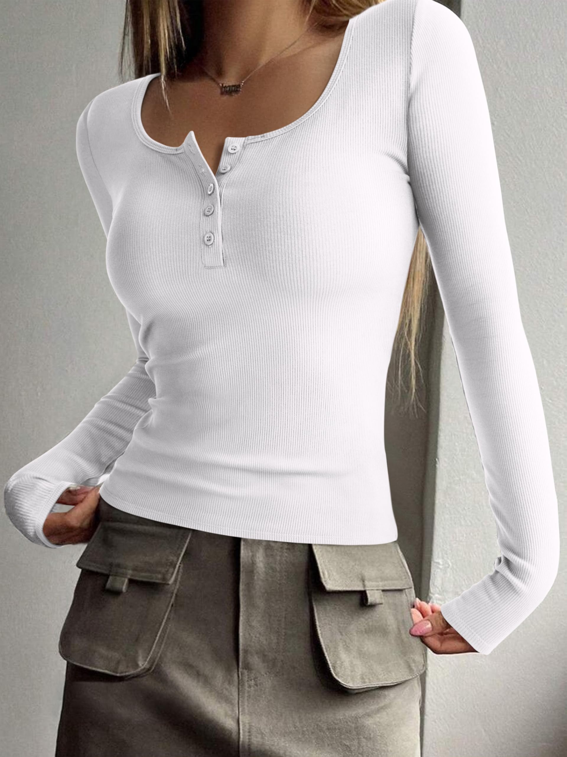 REORIA Women's 2025 Fall Long Sleeve Henley T Shirts Button Ribbed Knit Slim Fit Casual Basic Tops Blouse White Small