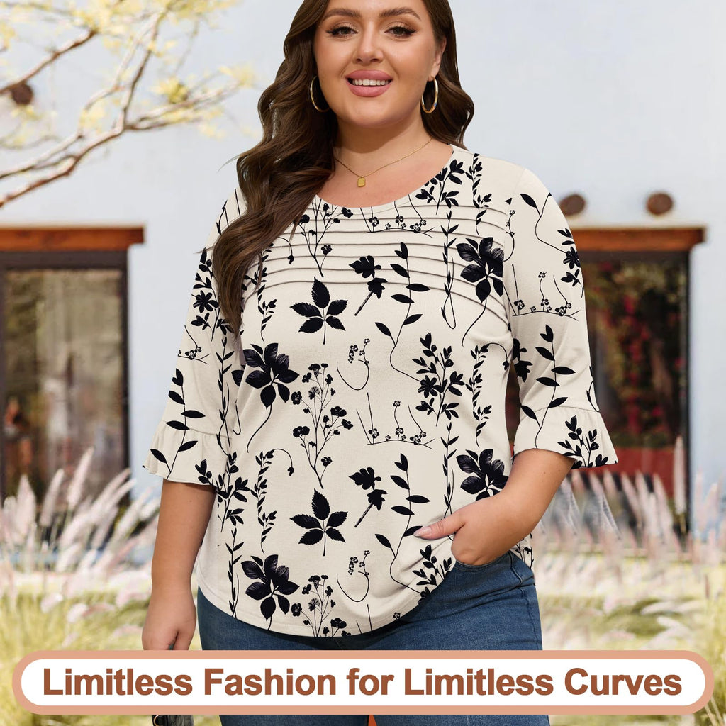 Blingfit Womens 3/4 Sleeve Floral Blouses Shirts for Women Trendy Ruffle Dress Shirts Lightweight Tunics Business Casual Work Tops Large