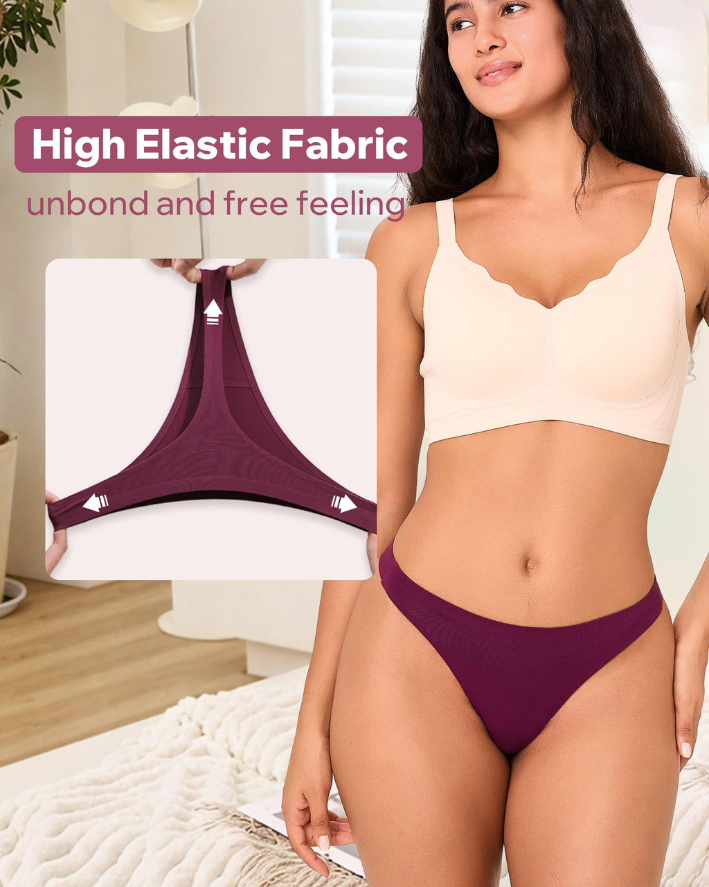 BAMBOO COOL Women's Thongs No Show Underwear Mid Waisted Seamless Pantie Tagless 6 Pack