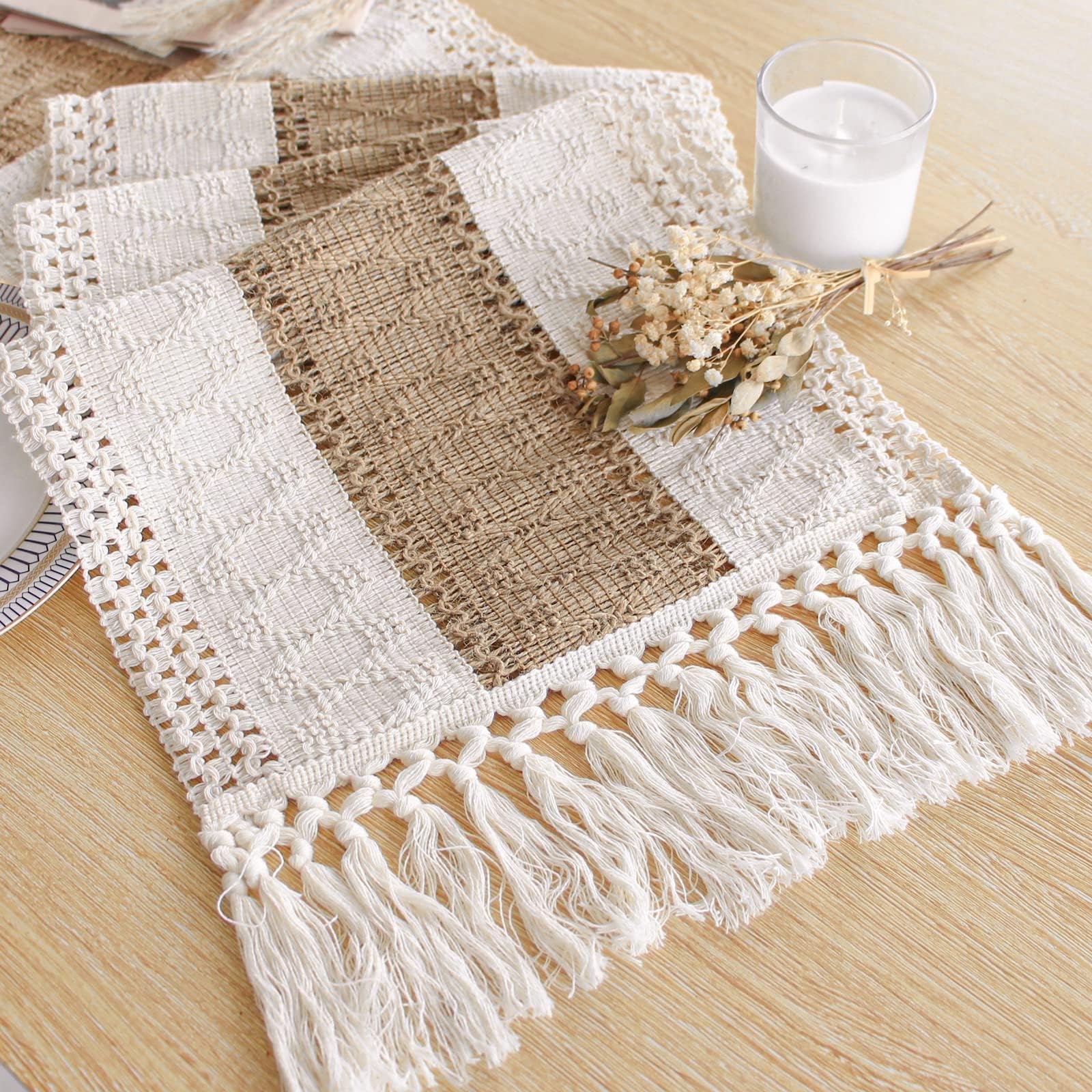 FEXIA Boho Table Runner for Fall Home Decor with Tassels 72 Inches Long Farmhouse Rustic Table Runner Macrame Burlap Table Decoration for Living Room Bridal Shower(12x72 Inches)