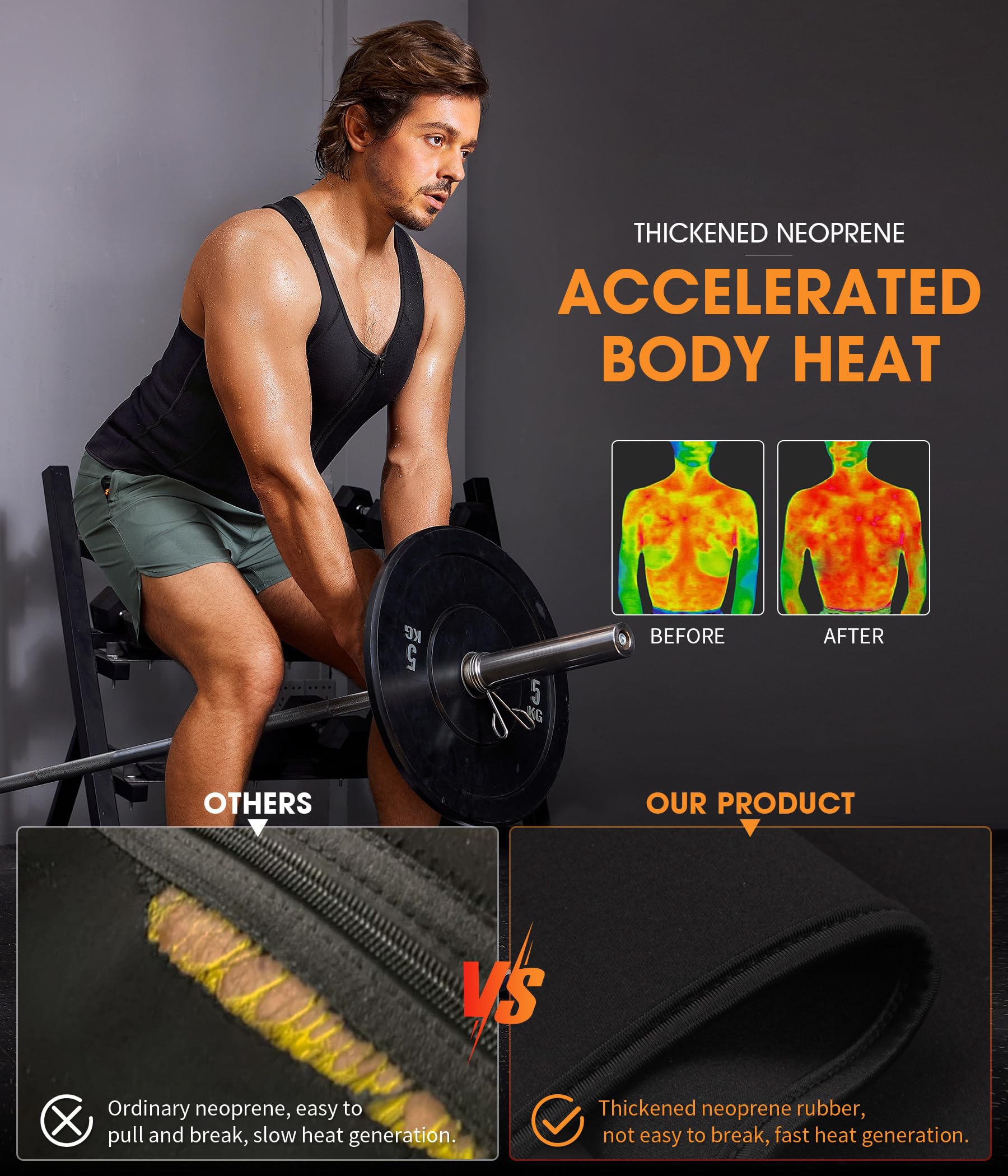 BRABIC Hot Sauna Sweat Suits,Zipper Closure Tank Top Shirt for Weight Lost,Waist Trainer Vest Slim Belt Workout Fitness-Breathable, Neoprene Fabric (Black Sauna Tank Top, L)