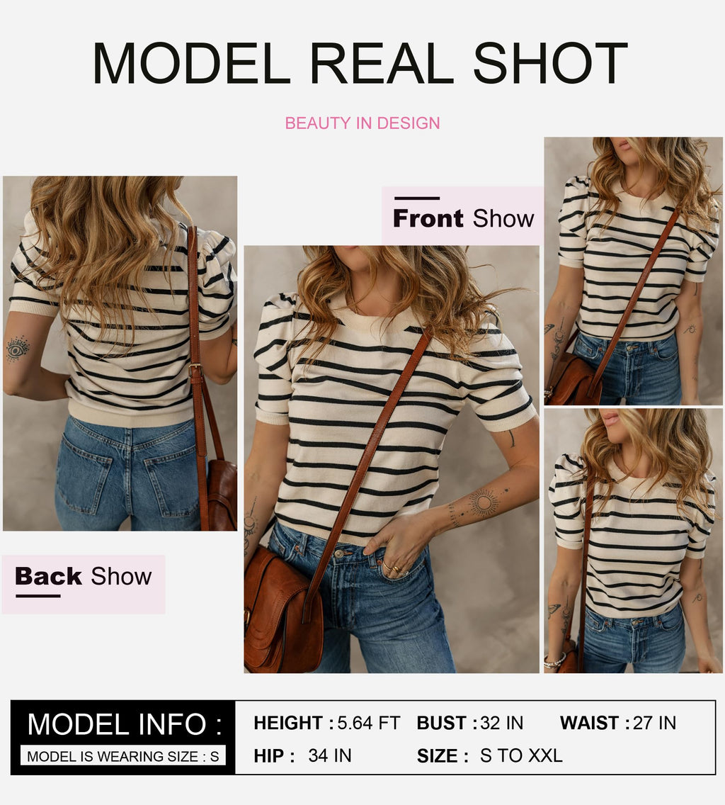 Dokotoo Knit Tops for Women 2025 Trendy Crewneck Casual Black Striped Tops Puff Sleeve Slim Fit Summer Blouses Color Block T Shirts Business Outfits Small