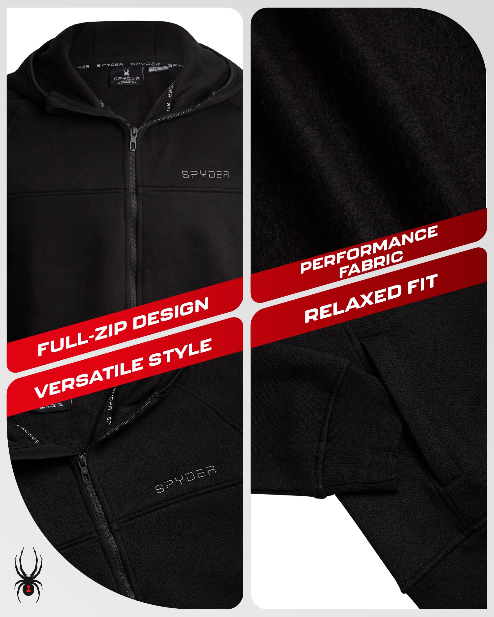 Spyder Mens Zip Up Hoodie - UPF30+ Super Soft Fleece Sweatshirt, Warm Athletic Hoodies for Men with Secure Zip Pockets (S-XL), Size Large, Jet Black