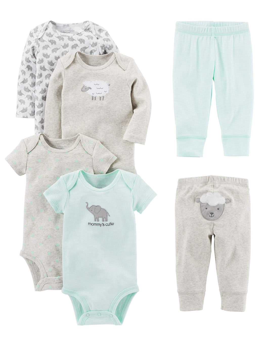 Simple Joys by Carter's Baby 6-Piece Bodysuits (Short and Long Sleeve) and Pants Set, Grey/Mint Green/Elephant/Lamb, 0-3 Months