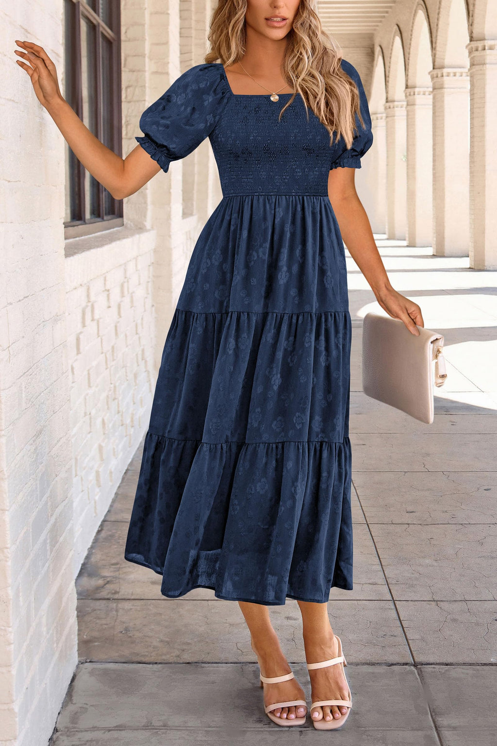 PRETTYGARDEN Women's 2025 Summer Casual Midi Dresses Square Neck Short Sleeve Smocked A Line Floral Flowy Elegant Boho Dress (Dark Blue,Medium)