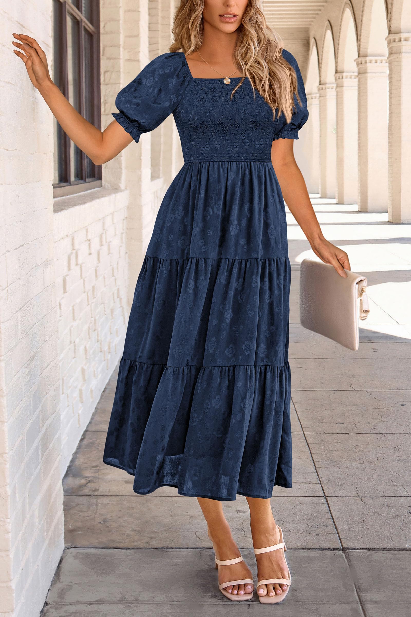 PRETTYGARDEN Women's 2025 Summer Casual Midi Dresses Square Neck Short Sleeve Smocked A Line Floral Flowy Elegant Boho Dress (Dark Blue,Medium)