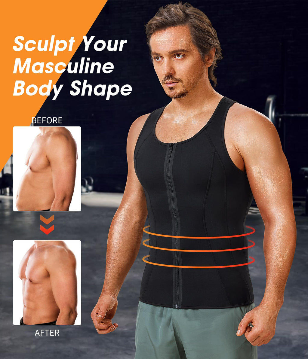 BRABIC Hot Sauna Sweat Suits,Zipper Closure Tank Top Shirt for Weight Lost,Waist Trainer Vest Slim Belt Workout Fitness-Breathable, Neoprene Fabric (Black Sauna Tank Top, L)