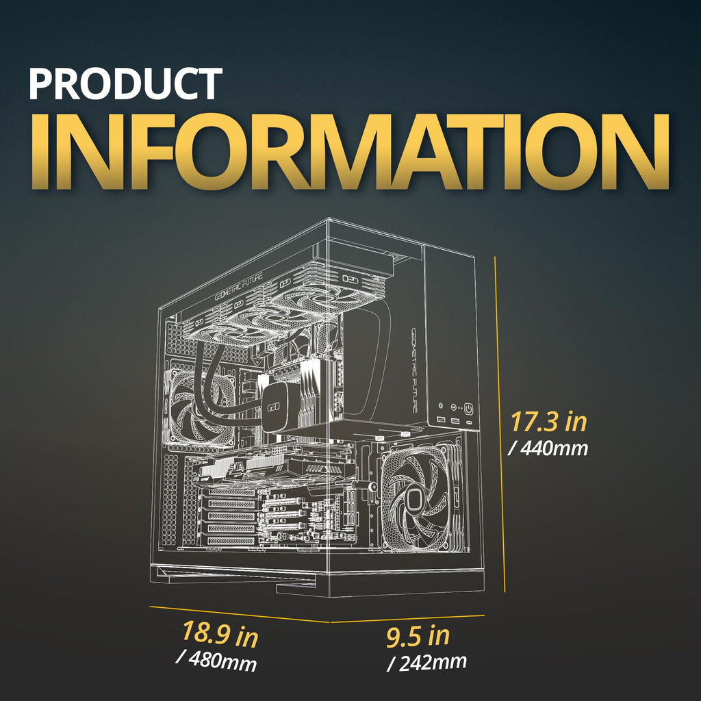 Geometric Future M5 Tempered Glass Mid Tower, E-ATX/ATX Gaming Case, 1.2mm Steel, Type C, Toolless Panels, Support 420/360 Radiator, ARGB PWM 140m Fan x 5 Pre-Installed, Black/Green, GEO-M5F-BNY