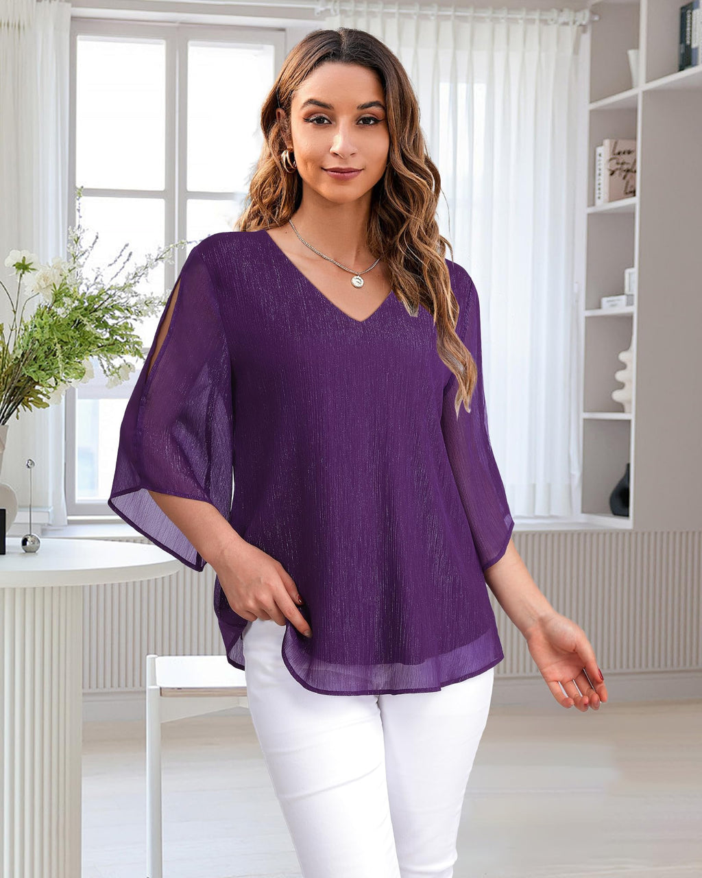 Bebonnie Blouses for Women Dressy Casual: Sparkly Womens Dress Shirts Business Casual Summer Outfits Long Sleeve Chiffon Blouses - Cute Summer Tops for Women Deep Violet L