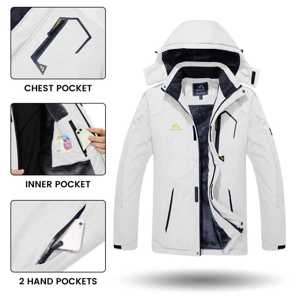 TACVASEN Men's Skiing Jacket with Hood Winter Jacket Water Resistant Hiking Fishing Travel Fleece Jacket Mens Warm Parka Ski Coat White, L