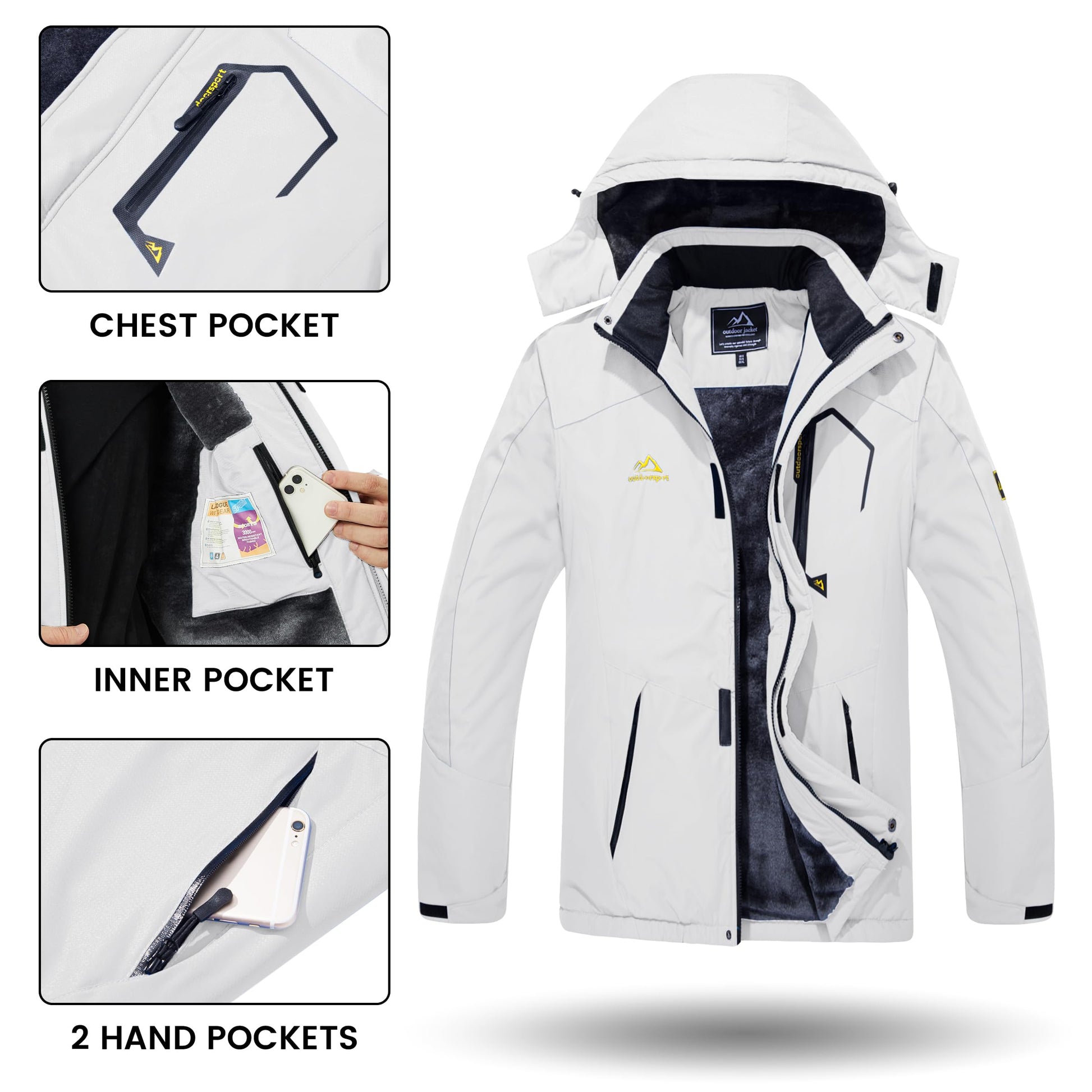 TACVASEN Men's Skiing Jacket with Hood Winter Jacket Water Resistant Hiking Fishing Travel Fleece Jacket Mens Warm Parka Ski Coat White, L