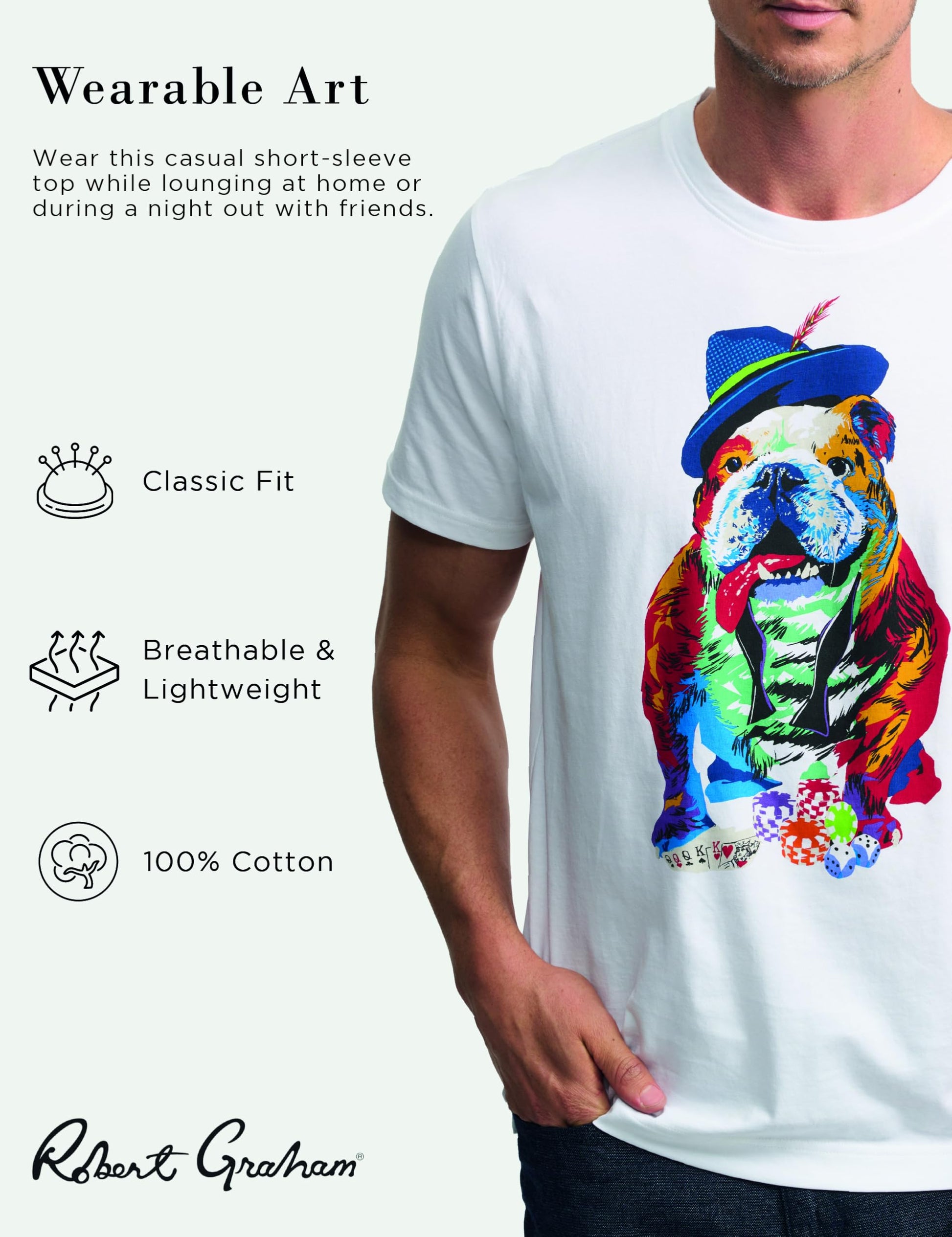 Robert Graham Men's Short Sleeve Crew Neck Graphic T-Shirt, White Bulldog, 3XLarge