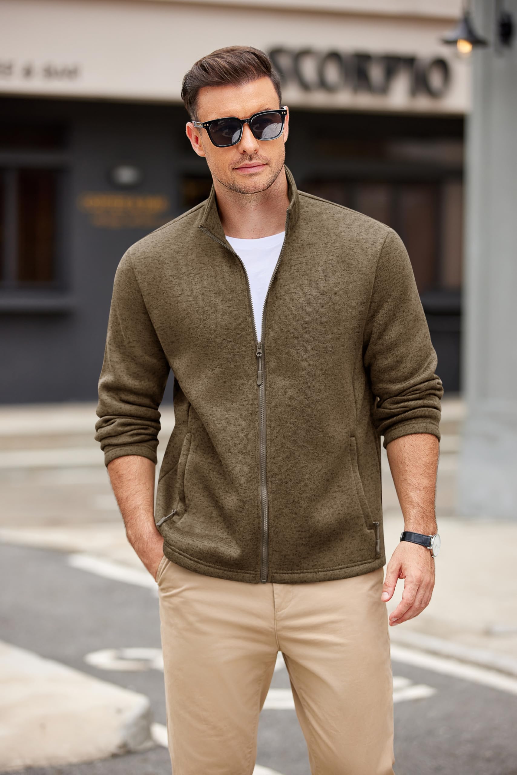 COOFANDY Light Fleece Jackets for Men Lightweight Fall Sweater Jacket Stand Collar for Outdoor Camping,Brown,L