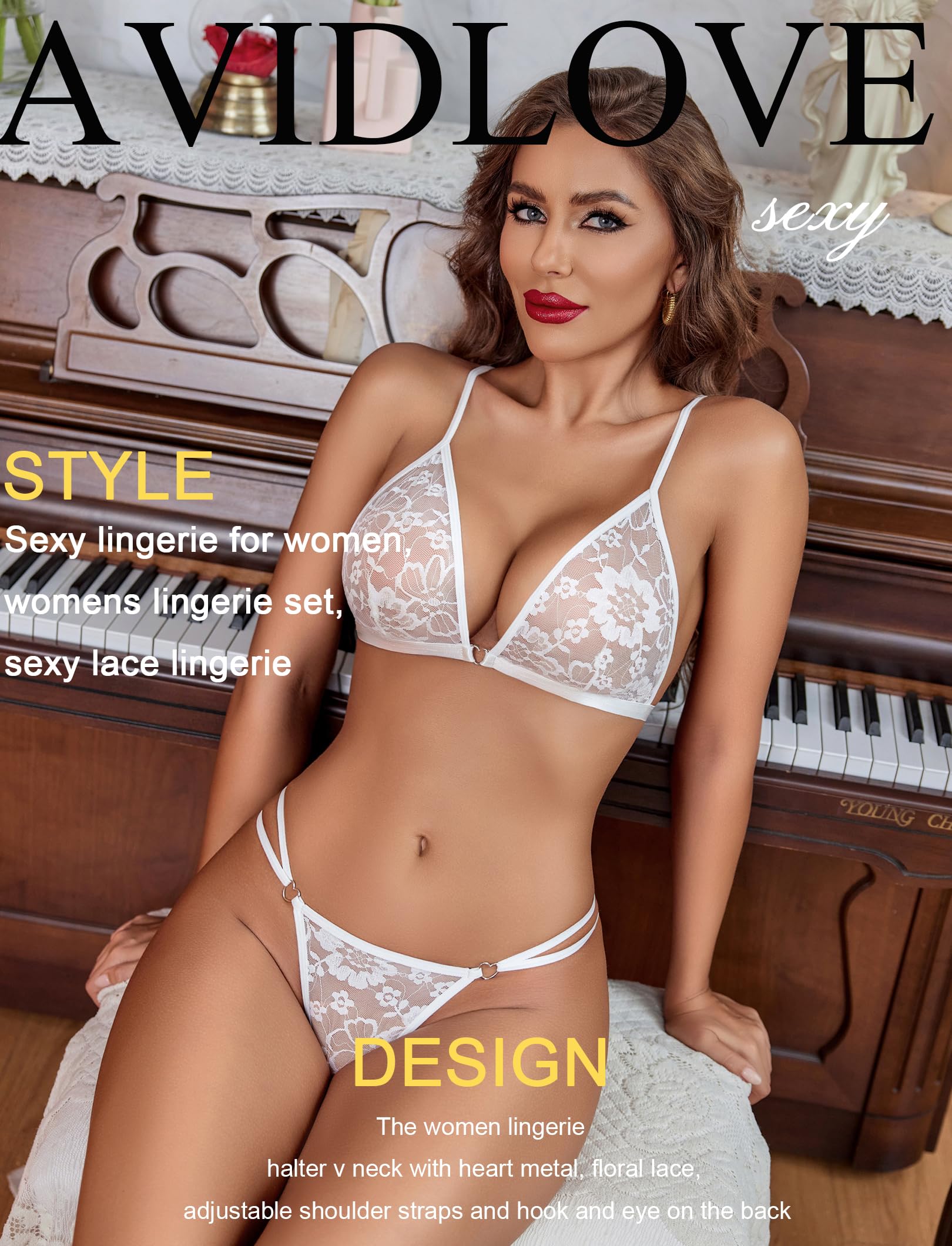 Avidlove Sexy Lingerie Sheer Floral Lace Lingerie Set High Waist Sleepwear Bra and Panty 2 Piece Nightwear White Medium