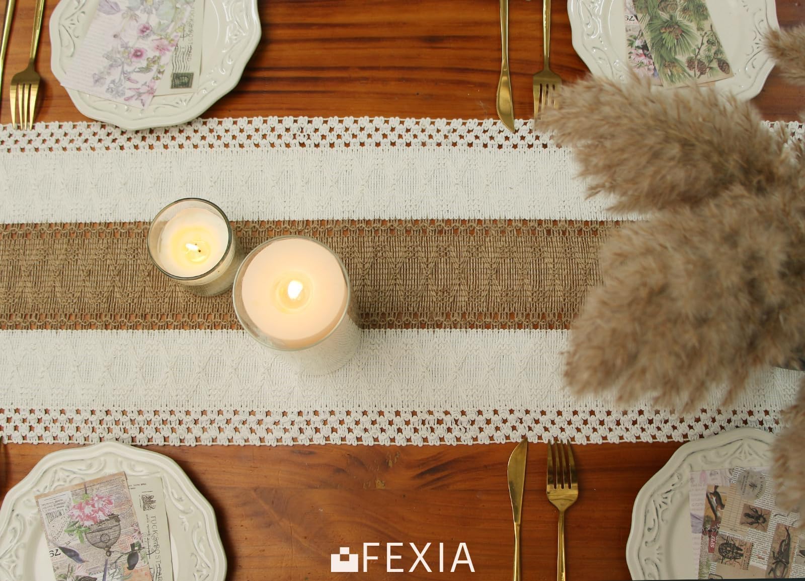 FEXIA Boho Table Runner for Fall Home Decor with Tassels 72 Inches Long Farmhouse Rustic Table Runner Macrame Burlap Table Decoration for Living Room Bridal Shower(12x72 Inches)