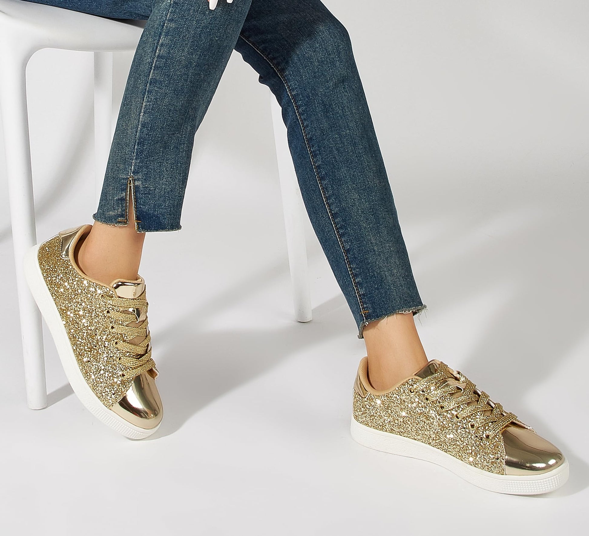 LUCKY STEP Glitter Sneakers Lace up | Fashion Sneakers | Sparkly Shoes for Women (All Gold,10 B(M) US)