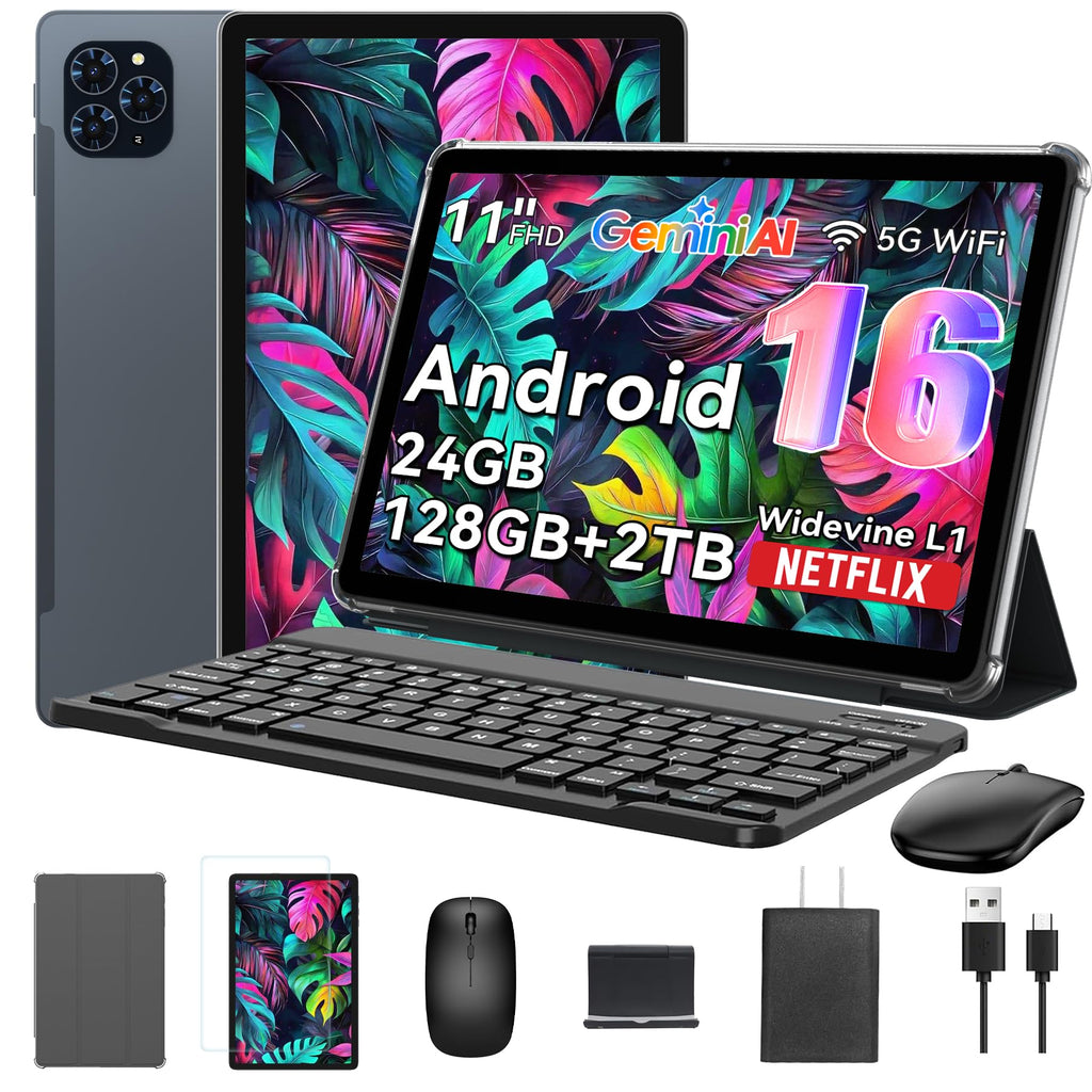 Tablet 2025 World's First Android 16 Tablet with Gemini AI, 11 Inch FHD Display, 24GB RAM 128GB ROM /2TB TF, T7250 CPU+13MP Camera, 8000mAh, Widevine L1, 2 in 1 Tablets with Keyboard Mouse Stylus
