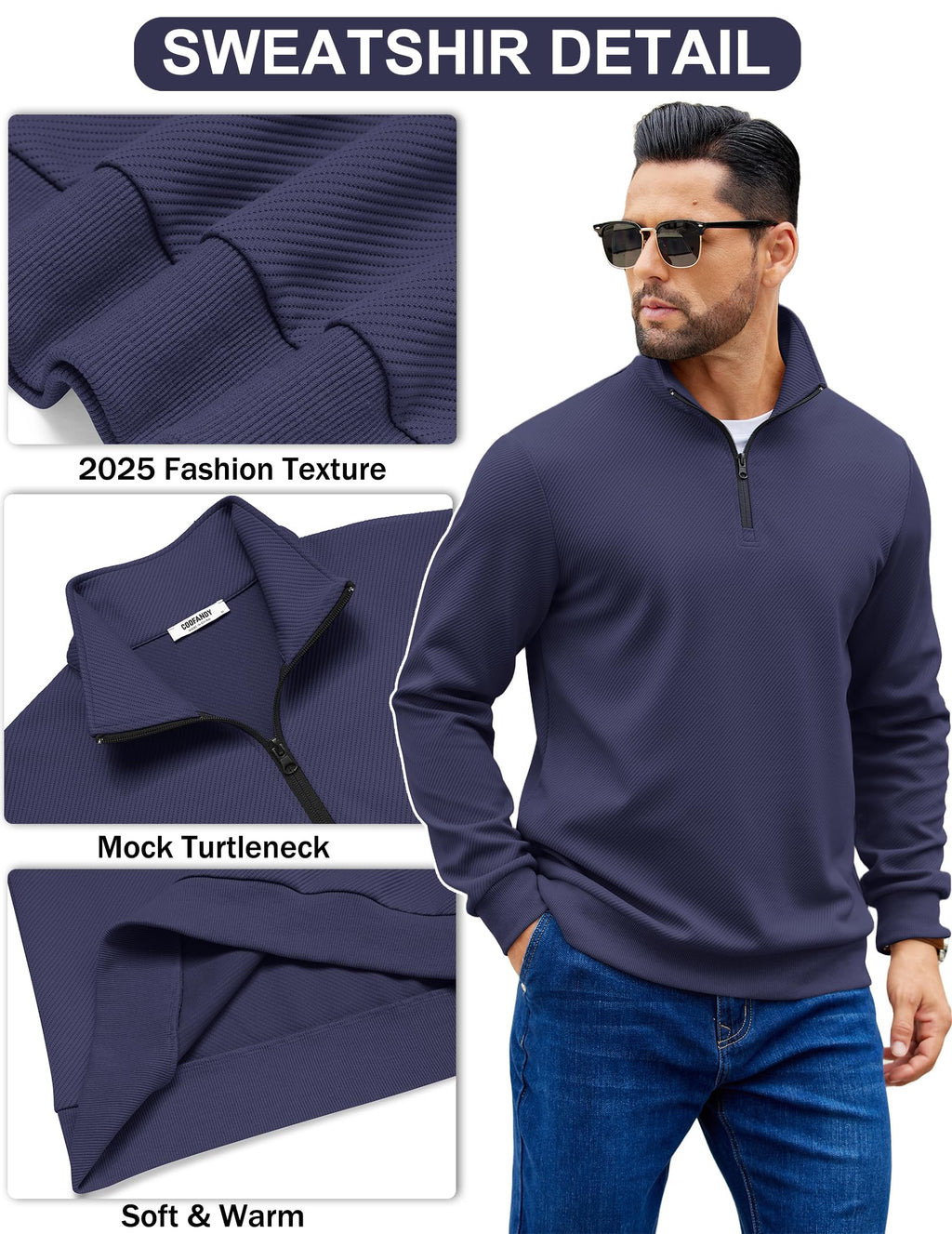 COOFANDY Mens Sweaters and Pullovers Light Weight 1/4 Zip Polo Sweatshirts Soft Stylish Quilted Sweatshirt Navy Blue