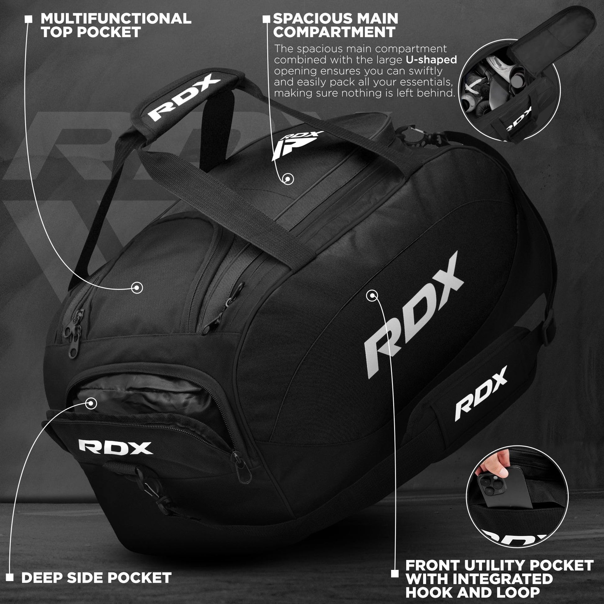 RDX 50L Gym Bag with Ventilated Shoes Compartment, All In One Backpack Duffle Holdall, Fitness Sports MMA Boxing Yoga Swim Gear Sportswear Bag, Weekend Overnight Travel Hiking Rucksack for Men Women