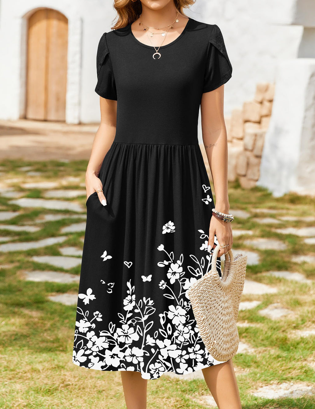 Zeagoo Tropical Dresses for Women Spring Dress Floral Print Midi Sundress Swing Tshirt Dress Pleated Dress Casual Ethnic Dress Boho Vocation Dress,l