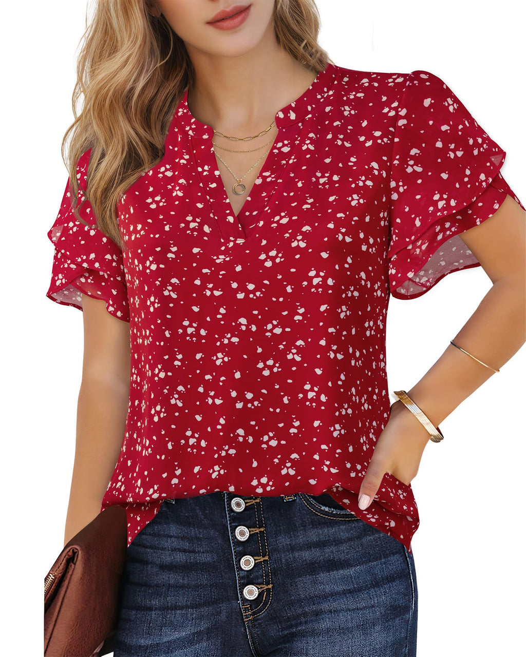 Lotusmile Women's Dressy Summer Tops - Polka Dot Blouses, Chiffon Casual Sophisticated Short Sleeve Tops for Petite Women