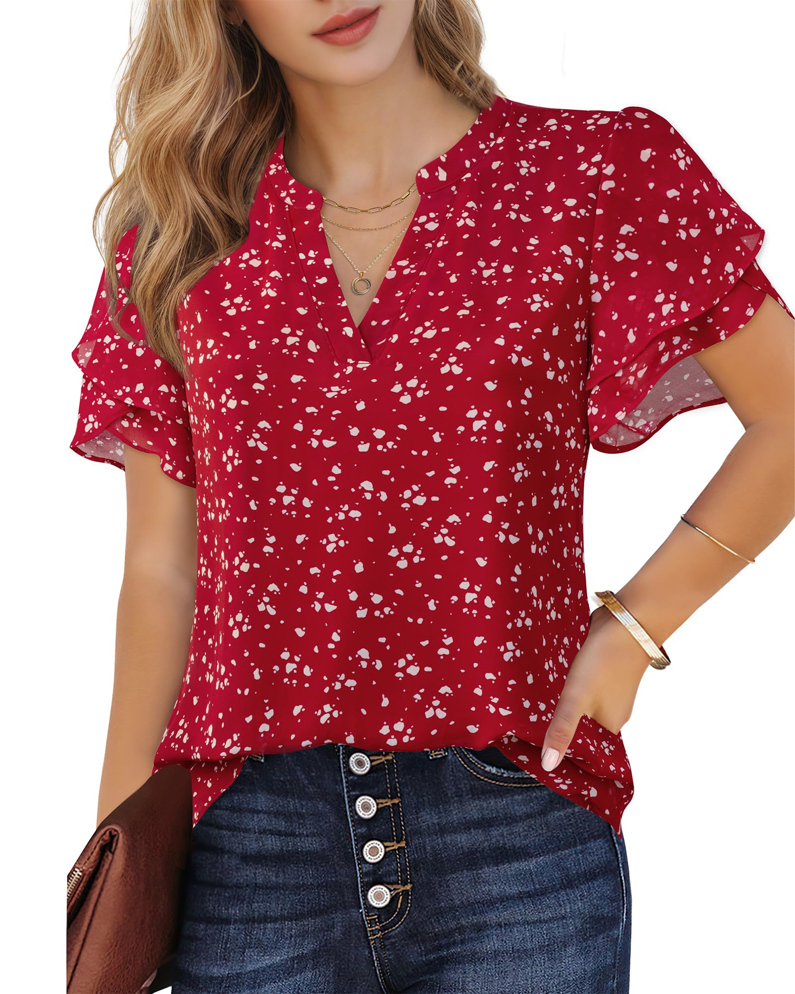 Lotusmile Women's Dressy Summer Tops - Polka Dot Blouses, Chiffon Casual Sophisticated Short Sleeve Tops for Petite Women