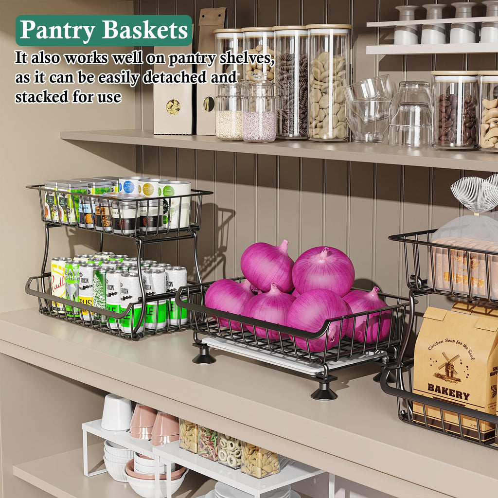 OKZEST 3-Tier Rolling Pantry Floor Organizer and Storage Cart with Wheels, Stackable Wire Pantry Baskets for Pantry Shelves, Kitchen Fruit Basket Stand and Storage Rack for Fruit Snack Onion Potato