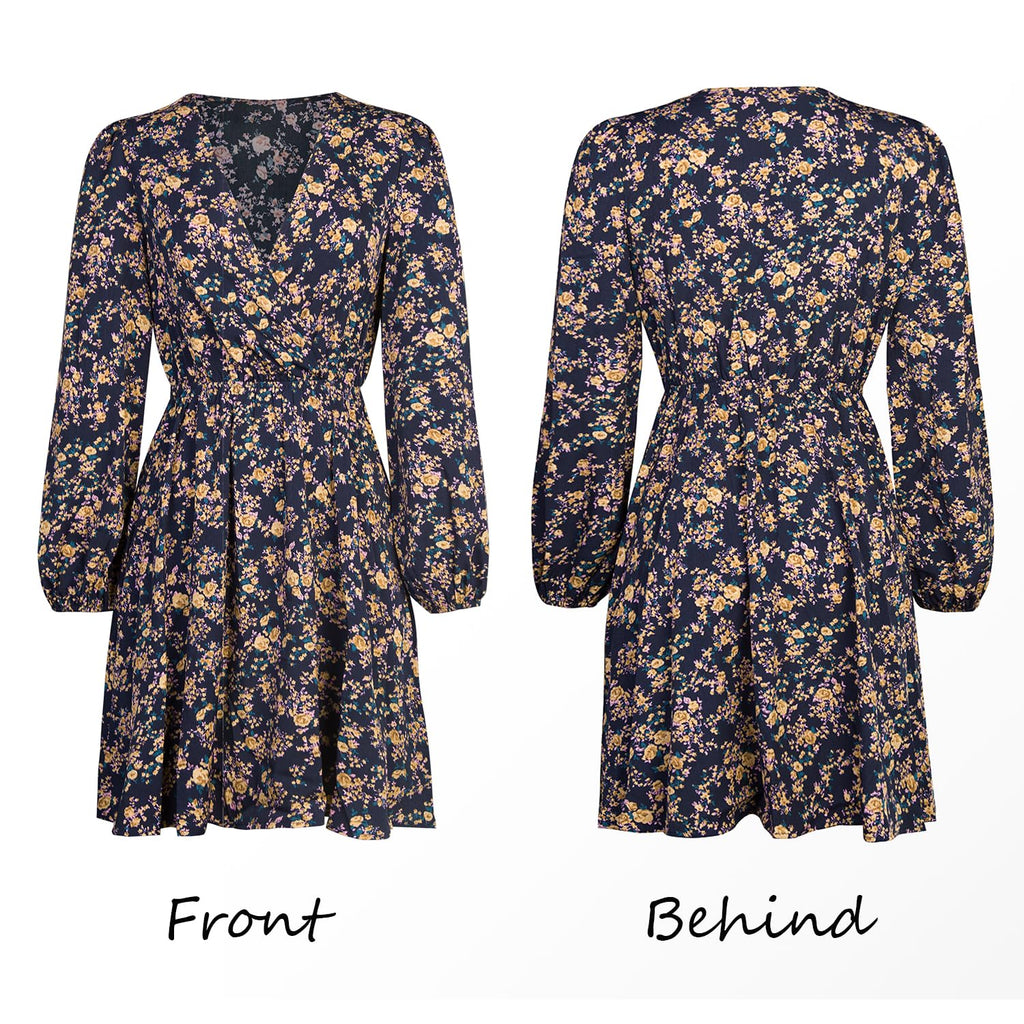 CUPSHE Women Floral Ruffle Summer Dress Surplice V Neck Long Peasant Sleeve Elastic Waist Flowy Casual Holiday Mini Dress, Multicoloured S