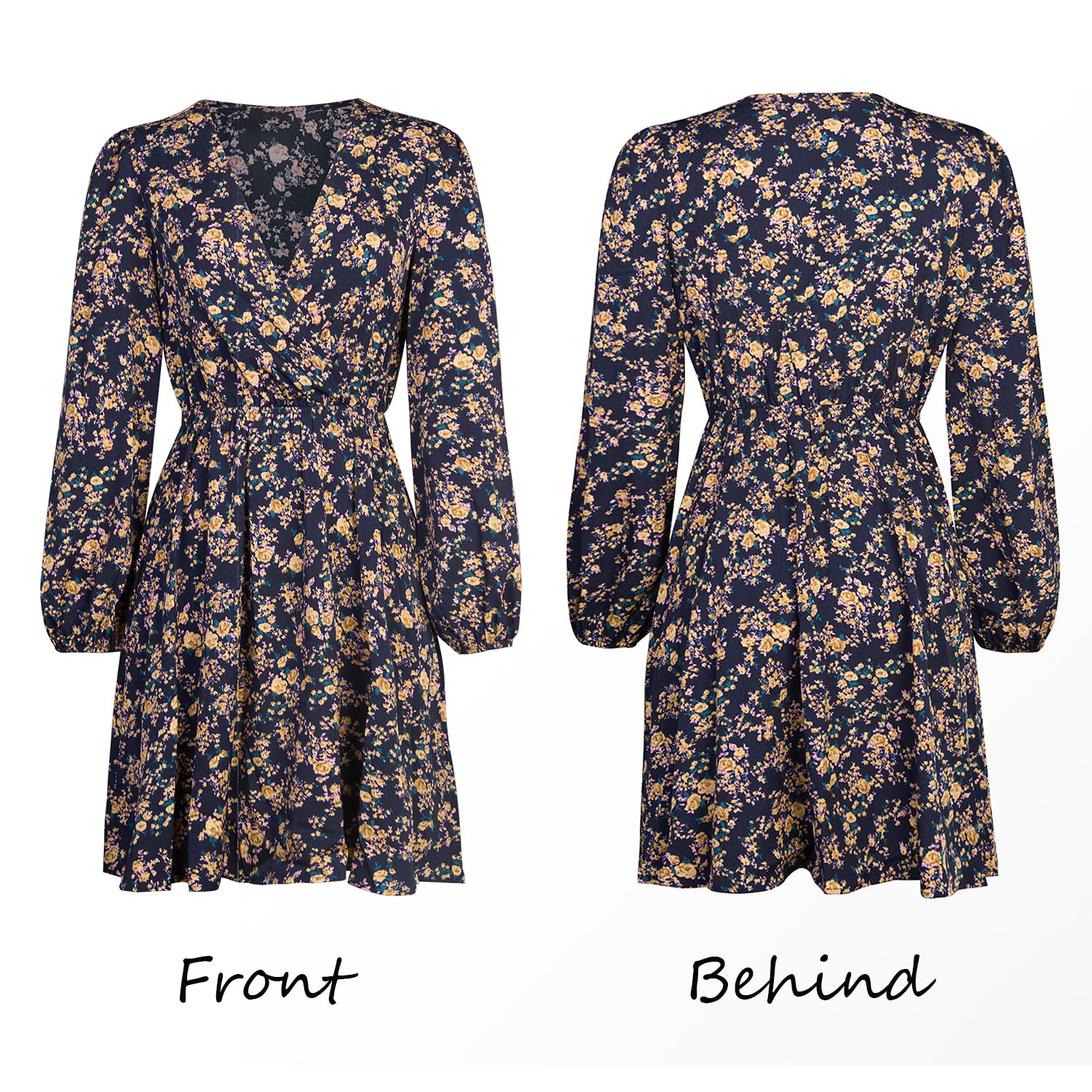 CUPSHE Women Floral Ruffle Summer Dress Surplice V Neck Long Peasant Sleeve Elastic Waist Flowy Casual Holiday Mini Dress, Multicoloured S