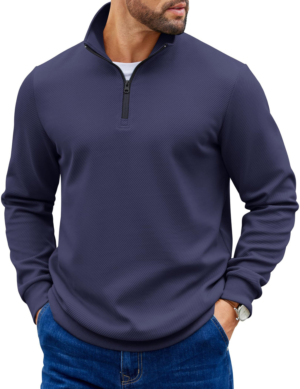 COOFANDY Mens Sweaters and Pullovers Light Weight 1/4 Zip Polo Sweatshirts Soft Stylish Quilted Sweatshirt Navy Blue