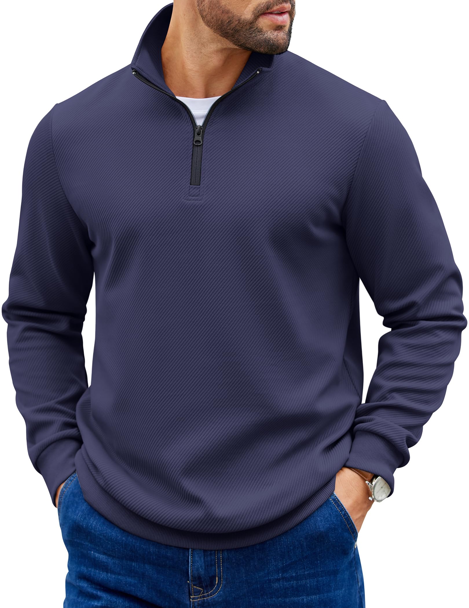 COOFANDY Mens Sweaters and Pullovers Light Weight 1/4 Zip Polo Sweatshirts Soft Stylish Quilted Sweatshirt Navy Blue