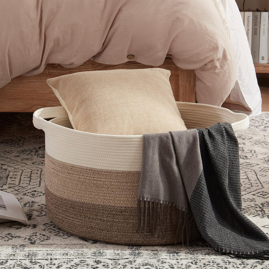 OIAHOMY Extra Large Storage Basket, 23" x 13" Woven Blanket Storage for Living Room, Round Laundry Basket for Pillow - Gradient Brown