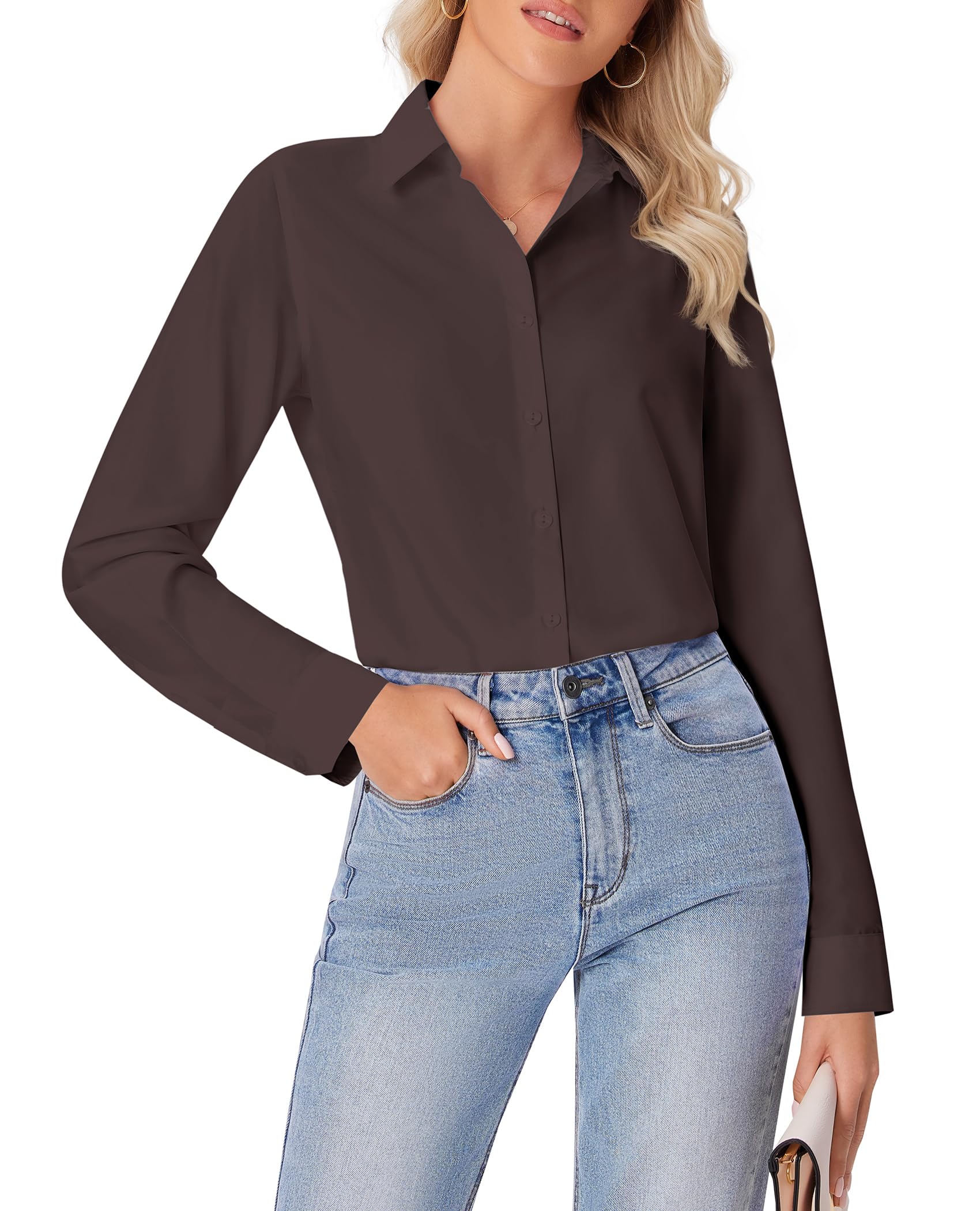 siliteelon Button Down Shirts for Women Wrinkle Free Dress Shirts Long Sleeve Shirts Formal Work Office Blouses Tops Brown
