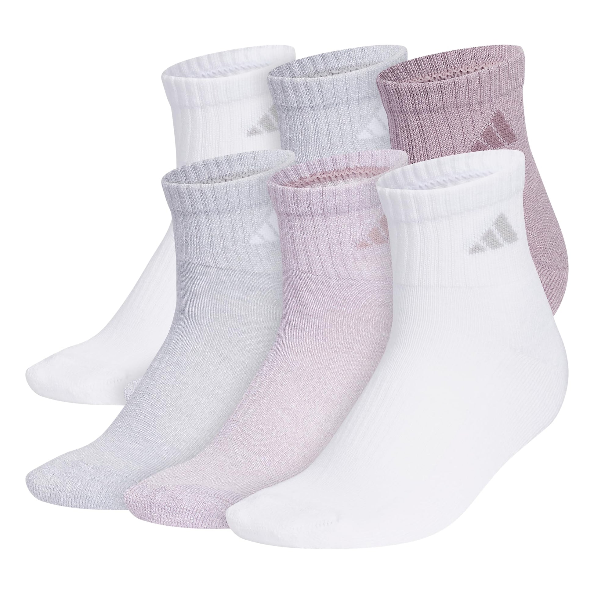 adidas Women's Ankle Socks, Athletic Cushioned Quarter Fit, 6-Pack, Durable, Comfortable, Cooling, with Compression, Preloved Fig Purple/Clear Onix Grey/White, M