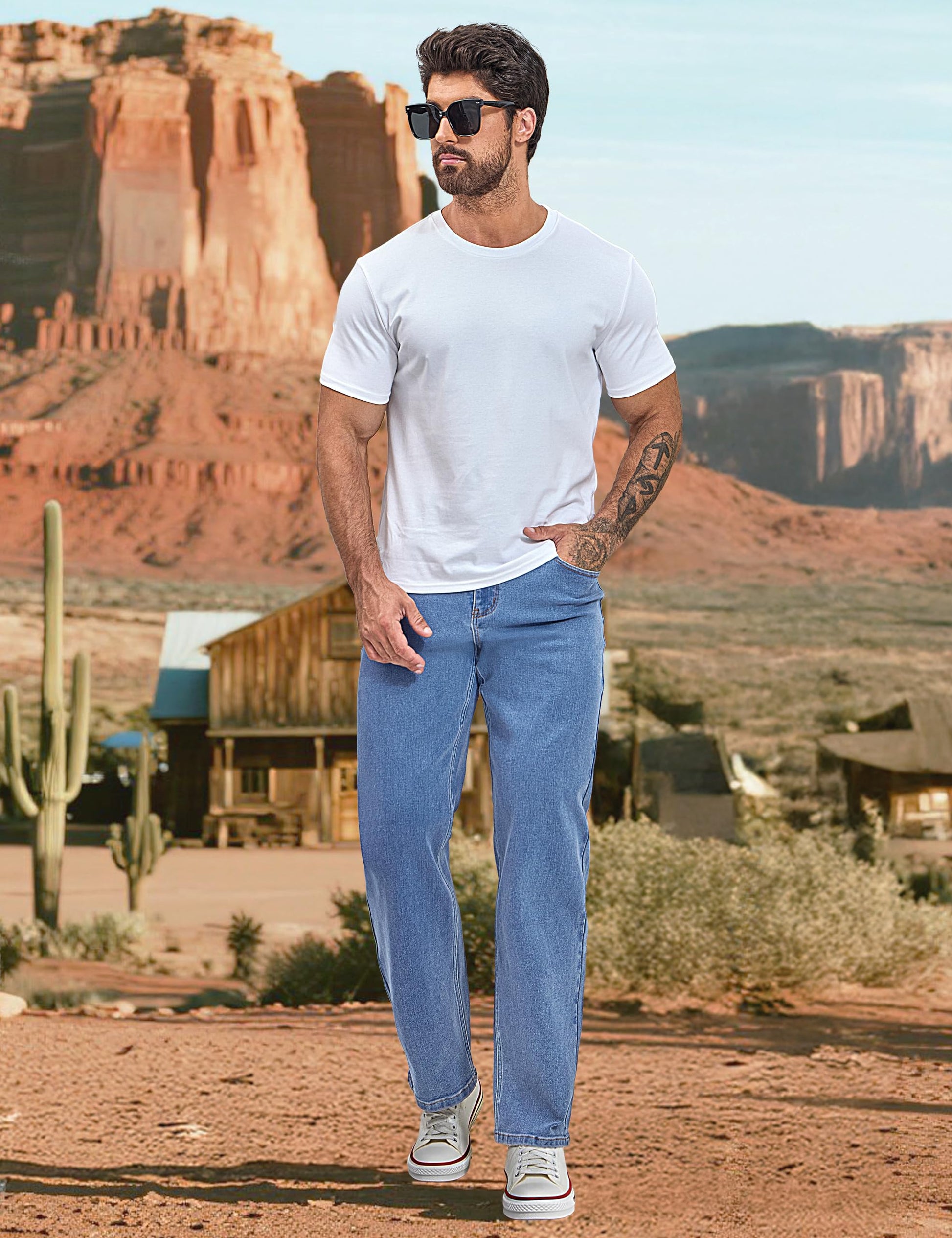 Ushdele Men's Regular Fit Stretch Jeans Straight Leg 5-Pocket Classic Comfort Flex Denim Pants Vintage Blue 34W32L