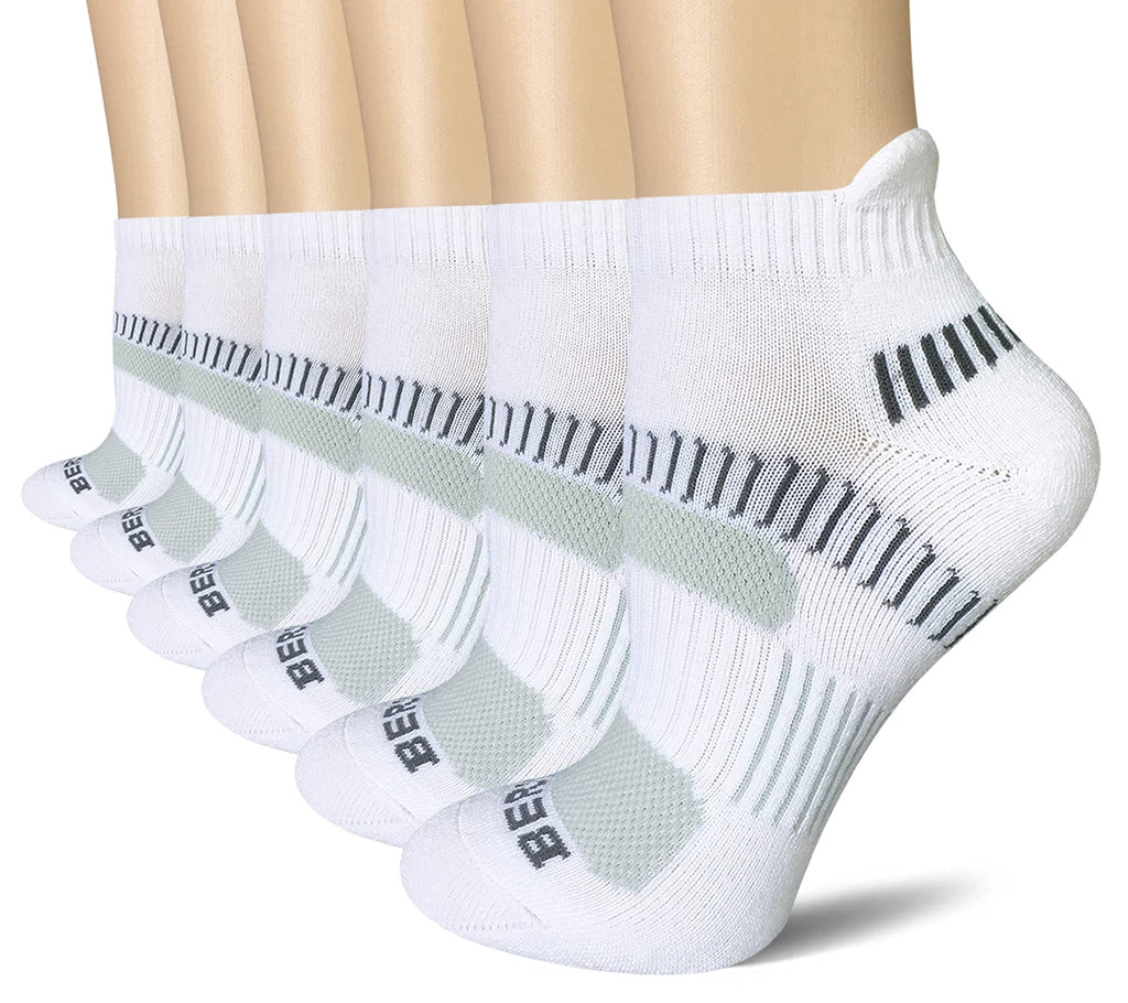 BERING Women's Athletic Running Cushioned Ankle Socks, Size 6-9, White, 6 Pairs