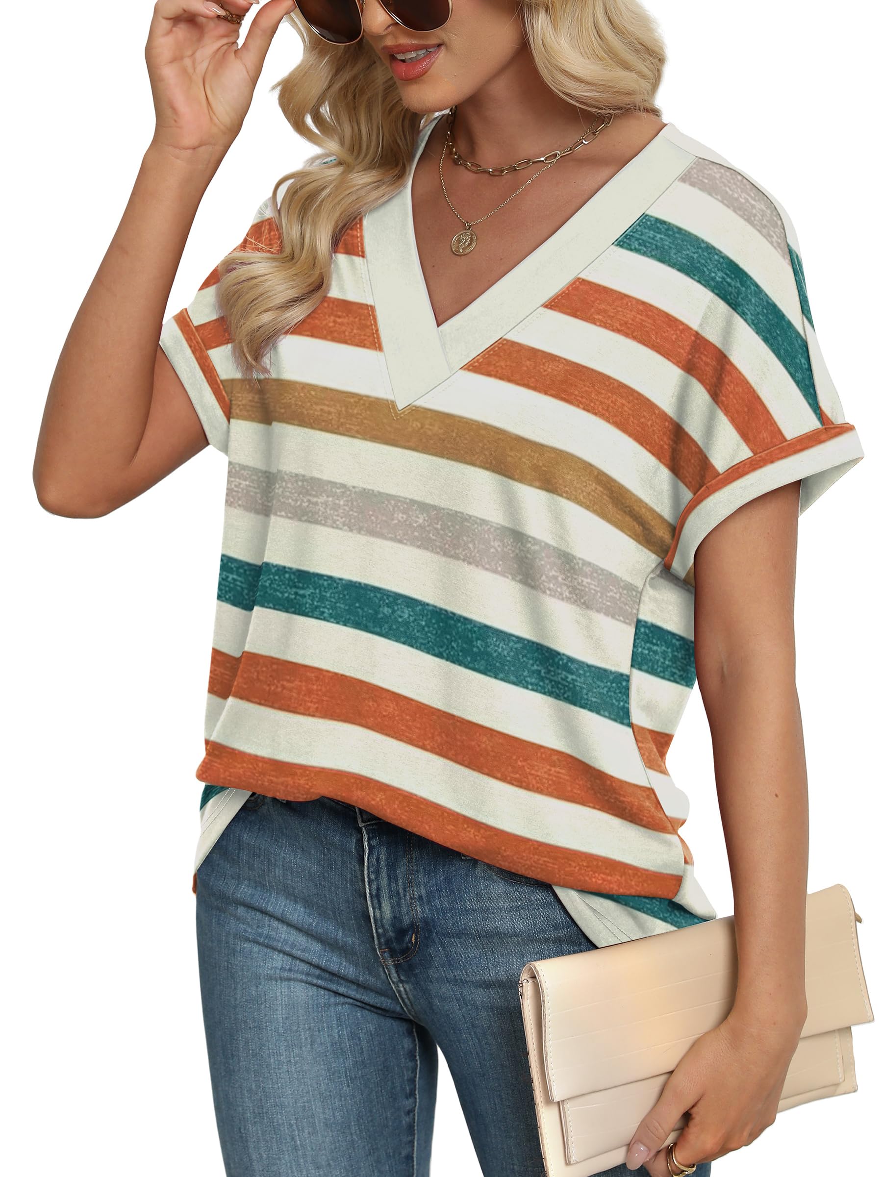 WIHOLL Tshirts Shirts for Women Summer Tops 2025 Spring Short Sleeve Dressy Beach Vacation Clothes Blouses Casual Outfits Orange Stripes XL