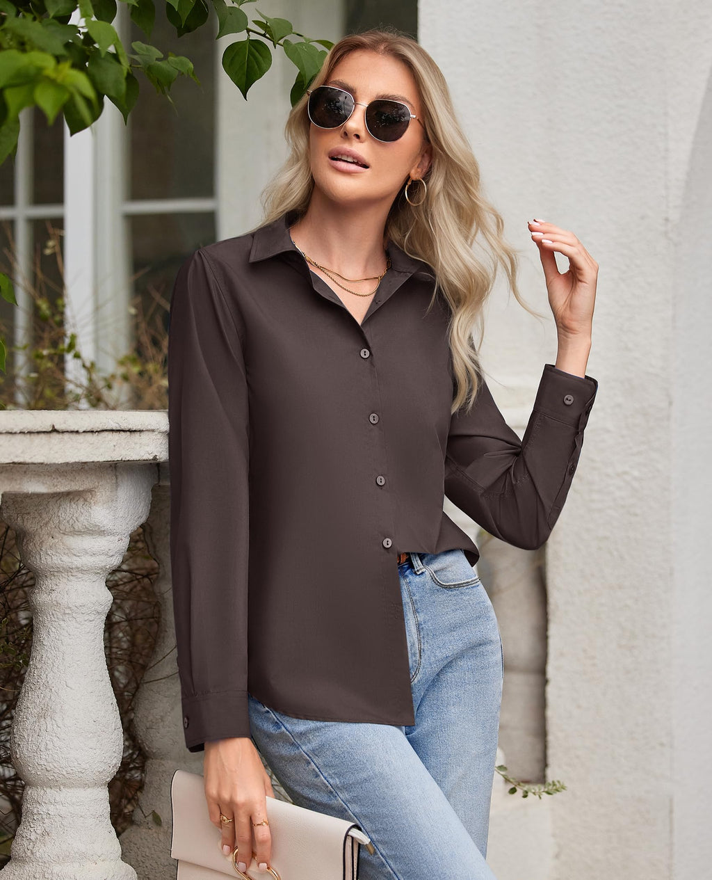 siliteelon Button Down Shirts for Women Wrinkle Free Dress Shirts Long Sleeve Shirts Formal Work Office Blouses Tops Brown