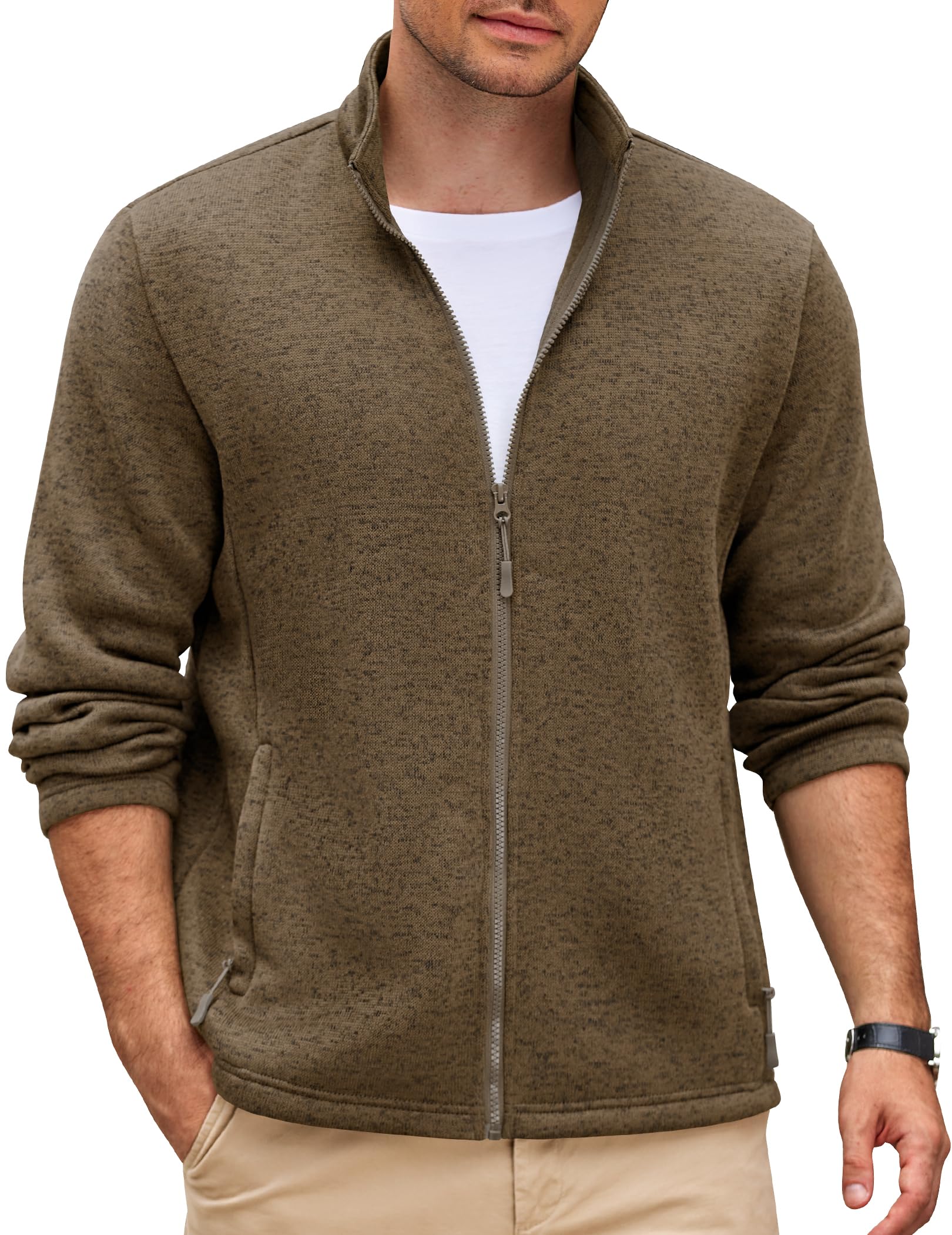 COOFANDY Light Fleece Jackets for Men Lightweight Fall Sweater Jacket Stand Collar for Outdoor Camping,Brown,L