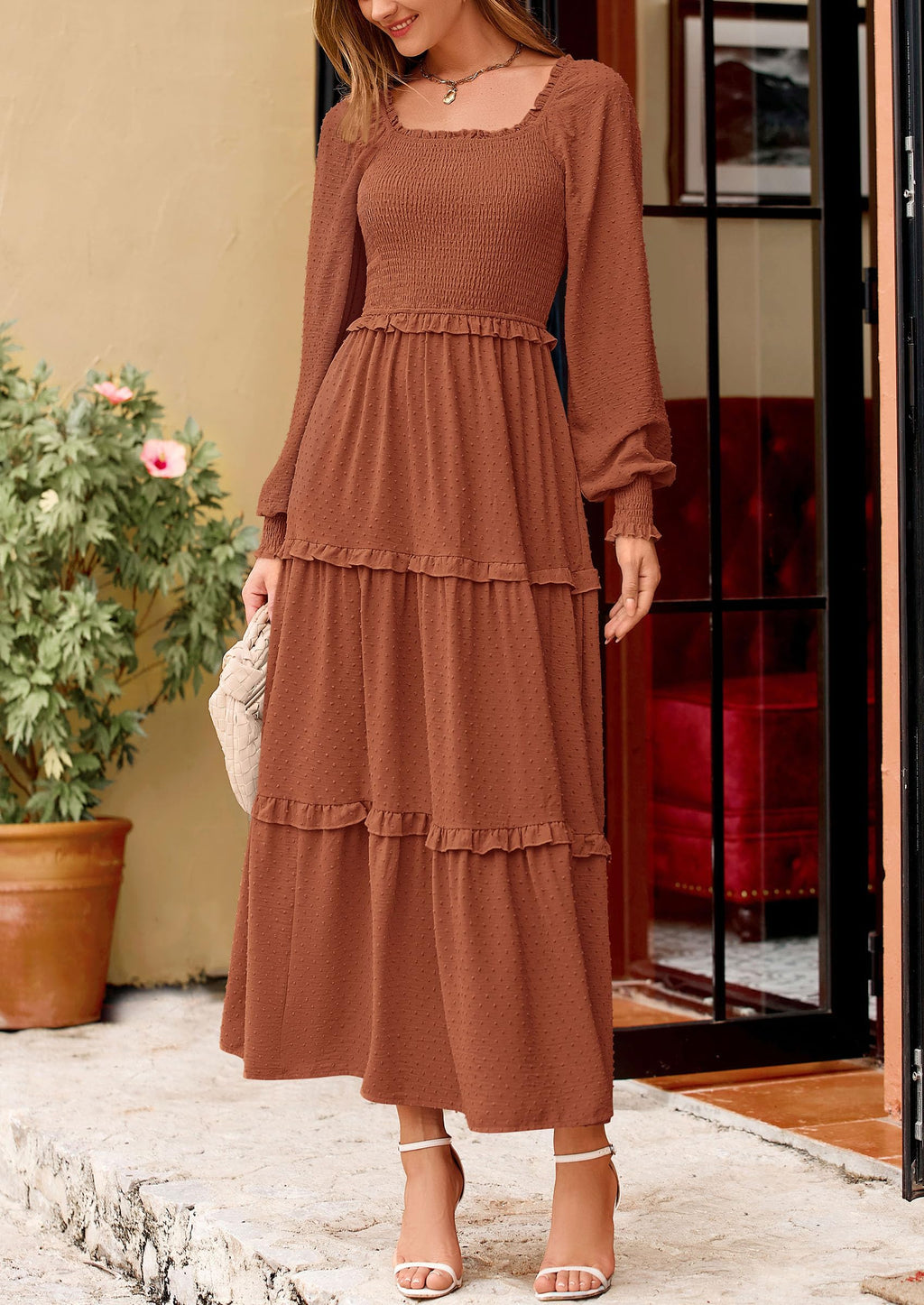 PRETTYGARDEN Fall Dresses for Women 2025 Long Sleeve Smocked Square Neck Swiss Dot Tiered Flowy Wedding Guest Maxi Dress (Brown,Large)
